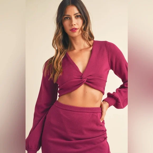 MABLE Front Twisted Knit Top and Midi Skirt Set 10010093340